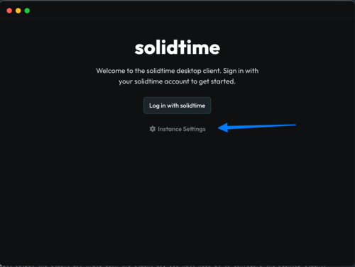 Screenshot of soldtime Desktop showing the start screen with an arrow on the Instance Settings button